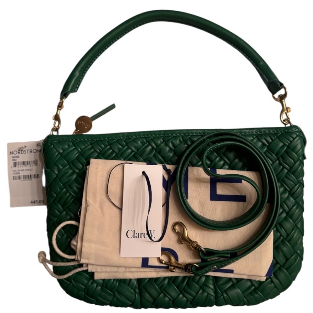 NWT : Clare V. - Petit Moyen Woven Leather Messenger Bag in Forest Green